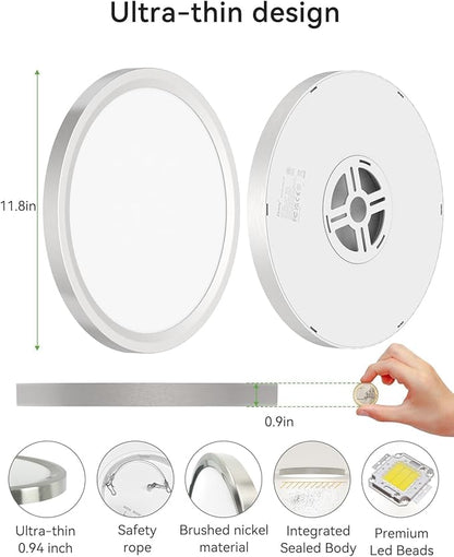 zemty LED Ceiling Light Brushed Nickel - 12In 28W 3200lm Silver Flush Mount Ceiling Light with 3 Color Temperature 3000K/4500K/6000K - Round Flat Light Fixture for Kitchen Bathroom Shower