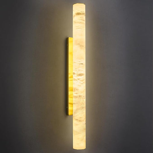 LMQNINE Natural Alabaster Wall Sconces Spanish Marble Wall Light Cylinder Modern Gold LED Sconce for Living Room Bedroom Bathroom Stairs（L-1Pack）