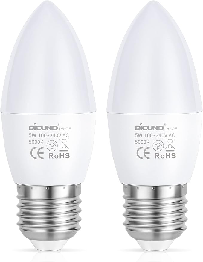 DiCUNO ProOE Eye-Protected E26 LED Bulb, High CRI 98, 5W E26 Candle Bulb, Daylight White 5000K, C37 40W Halogen Equivalent Decorative Light Replacement for Chandelier, Non-dimmable 2 Pack