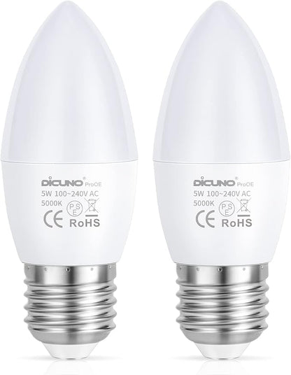 DiCUNO ProOE Eye-Protected E26 LED Bulb, High CRI 98, 5W E26 Candle Bulb, Daylight White 5000K, C37 40W Halogen Equivalent Decorative Light Replacement for Chandelier, Non-dimmable 2 Pack