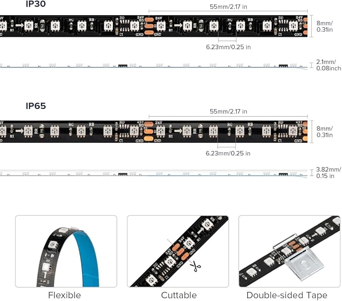 BTF-LIGHTING 2835SMD WS2811 IC RGB Chasing Color LED Strip Light 9.8FT DC24V 108LED/m 18Pixels/m 8mm Width IP65 Flexible Addressable Strip for Indoor Decor (No Adapter or Controller)
