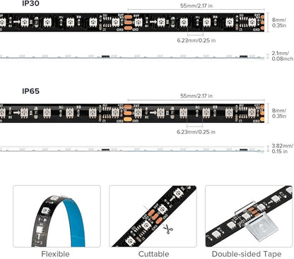 BTF-LIGHTING 2835SMD WS2811 IC RGB Chasing Color LED Strip Light 32.8FT DC24V 108LED/m 18Pixels/m 8mm Width Flexible Addressable Strip for Indoor Decor (No Adapter or Controller)