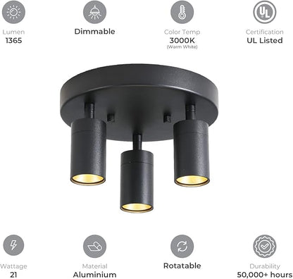 Shura - Round 3-Light Black Integrated LED Ceiling Light w/ Rotatable Heads, Adjustable Flush Mount Ceiling Light, 3000K, 1365 Lumens