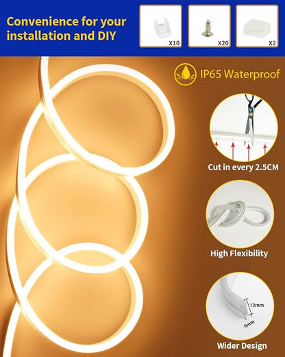 DUOFU365 Warm White Neon LED Strip Light, DC 12V 600 SMD2835 LED Neon Rope Lights,Upgraded 16.4ft/5m Led Light Strips Flexible Waterproof for Indoor/Outdoors Home Decoration/DIY(No Power Adapter)