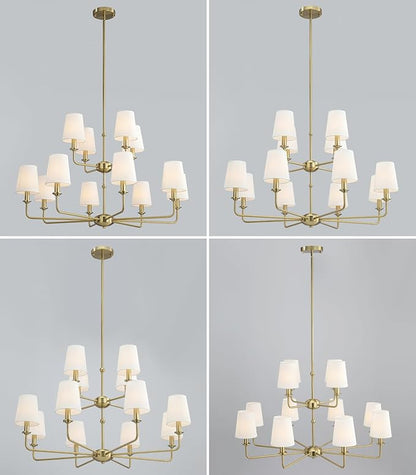 12-Light Brushed Gold Chandelier, E12 Bulb Compatible, White Fabric Shades, Adjustable Rod, Farmhouse & Industrial Style Ceiling Light for Living Room Dining Room Bedroom