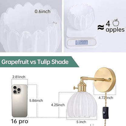 Shenmoyl Plug in Wall Sconce, White Tulip Glass Lampshade Wall Light Plugin Corded for Bedside Bedroom Doorway