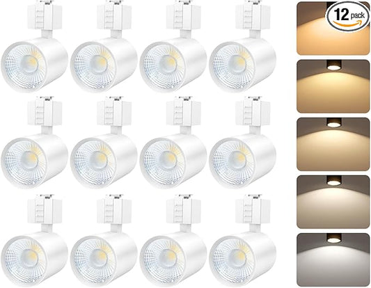 FLSNT LED J Track Lighting Heads, 10W (60W Eq.), 5CCT (2700K-5000K), 800LM CRI90 Dimmable Track Light Head, 36°COB Spotlight, J Type Compatible Track Light for Accent Lighting, White, 12 Pack