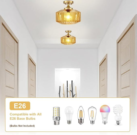 2-Pack Amber Glass Semi Flush Mount Ceiling Light, 11.02" Mid Century Modern Gold Close to Ceiling Light Fixtures, Farmhouse Flush Mount Lamps for Bedroom Hallway Kitchen Entryway Foyer