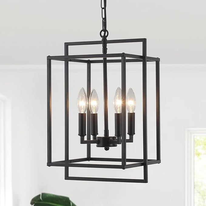 4-Light Black Farmhouse Chandelier Lantern Chandelier Light Fixture for Dining Room Kitchen Island Lighting Modern Pendant Light Fixtures for Bedroom Living Room Foyer