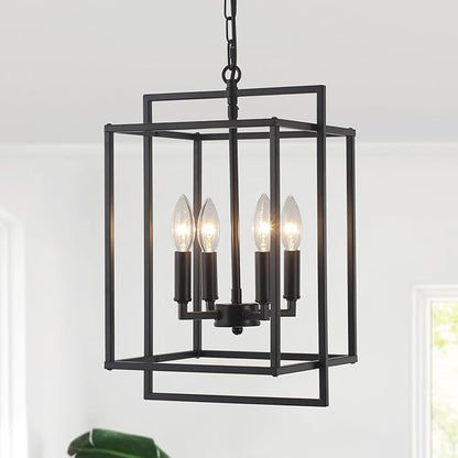 4-Light Black Farmhouse Chandelier Lantern Chandelier Light Fixture for Dining Room Kitchen Island Lighting Modern Pendant Light Fixtures for Bedroom Living Room Foyer