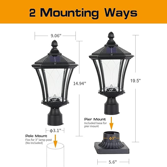 Solar Post Lights Dusk to Dawn Outdoor Solar Lamps with Pier Mount Base, Waterproof Exterior Pole Lights Head with Patterned Glass, Pillar Light for Outside House, Driveway, Black