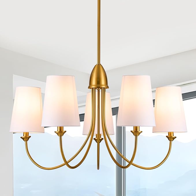 Gold Chandeliers for Dining Room,5-Light Farmhouse Dining Room Light Fixture with White Fabric Shade,30" Modern Industral Chandelier for Bedroom Foyer Living Room Kitchen.