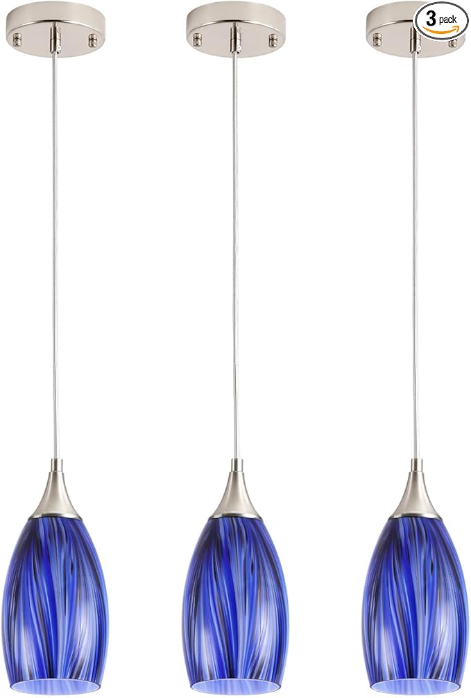 GLADFRESIT Deep-Sea Blue Glass Pendant Lights – Set of 3, Handcrafted Hanging Lights for Kitchen Island, Dining Room, or Entryway – Adjustable Nylon Cord & Ceramic Socket – E26 Base (Bulbs Excluded)
