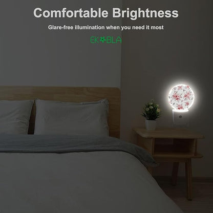 EKOBLA Pink Rose Night Light, Boho Blush Floral Plug into Wall with Dusk to Dawn Light Sensors, Warm Nightlights for Bedroom, Bathroom, Hallway, Kitchen, Gifts Ideal for Girls Women