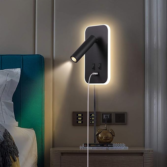 Wall Mounted LED Reading Light for Bed Headboard, Bedside Wall Sconces USB Charging, Night Light for Bedroom, Ambient Lighting Wall Mounted Sconce for Bedroom, Plug-in or Hardwired, Black