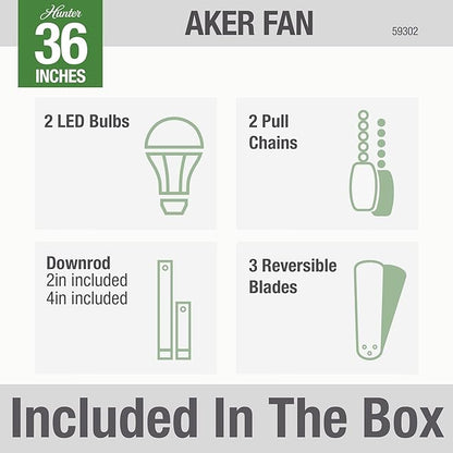 Hunter 36 inch Small Indoor Ceiling Fan with LED Light and Pull Chain - Modern Ceiling Fan, Standard Mount, 3 Blades, For Bedroom, Home Office, or Laundry Room, Quiet - Aker 59302, Matte Black