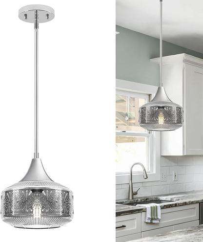 Modern Chrome Pendant Lights Kitchen Island, 9 Inch Smoke Grey Glass Pendant Light with Adjustable Hanging Rod, E26 Socket, for Kitchen Island Lighting, Bathroom, Hallway & Entryway Home Decor