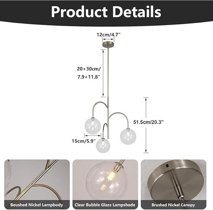 3-Light Brushed Nickel Sputnik Chandelier Modern Globe Pendant Light Fixture Bubble Glass Chandelier Lighting Contemporary Dining Room Chandelier Ceiling Light