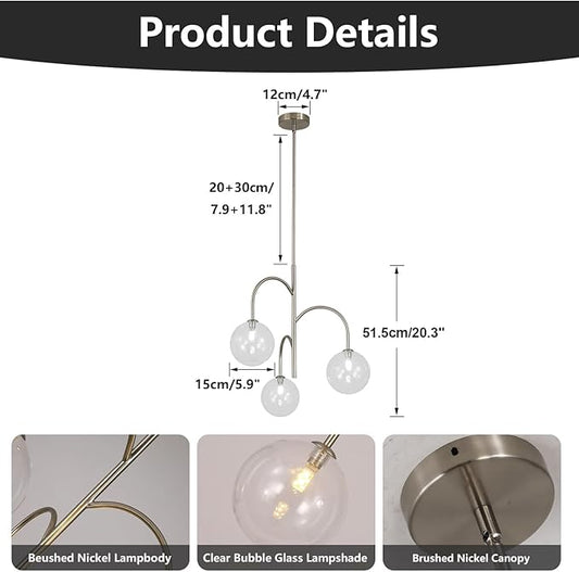 3-Light Brushed Nickel Sputnik Chandelier Modern Globe Pendant Light Fixture Bubble Glass Chandelier Lighting Contemporary Dining Room Chandelier Ceiling Light
