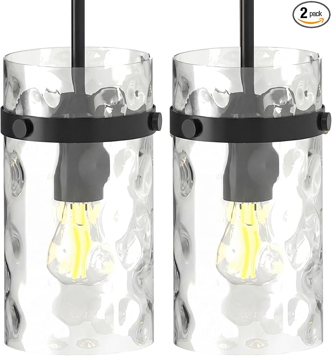 Modern Clear Wavy Glass Pendant Light 2 Pack - Thick Glass Adjustable E26 Hanging Lamp with Elegant Warm Glow for Kitchen Island, Dining Room & Hallway