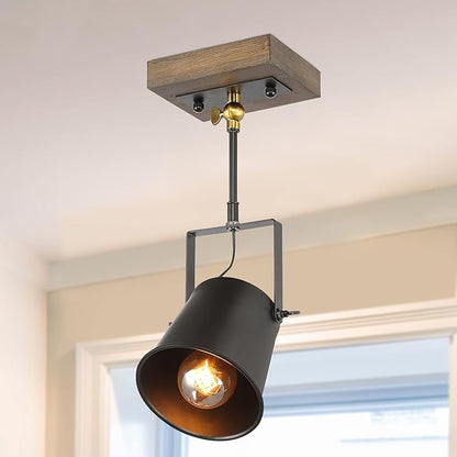 LNC Adjustable 1 Head Track Lighting Fixture, Farmhouse Wood Semi Flush Mount Ceiling Spotlight (Black Painted Finish)