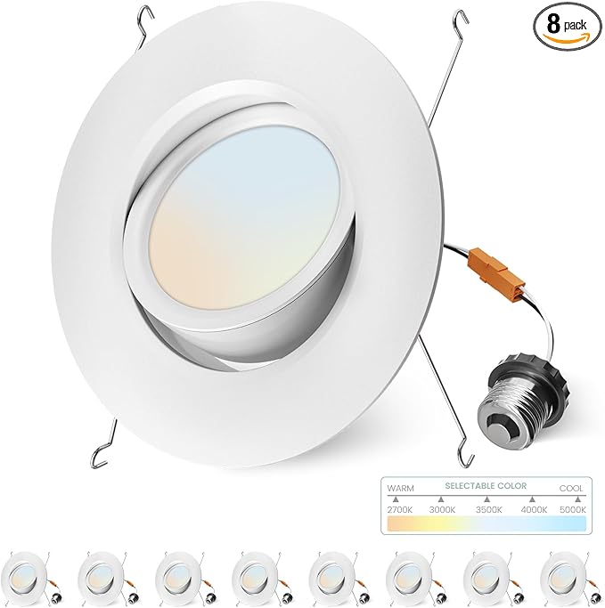 6 Inch Gimbal Led Recessed Lighting Retrofit,4 Retrofit Led Recessed Lighting,5 CCT 2700K-5000K Dimmable 11W 900LM,Compatible with TP24 Connector/E26 Bases,ETL & ES(8 Pack)