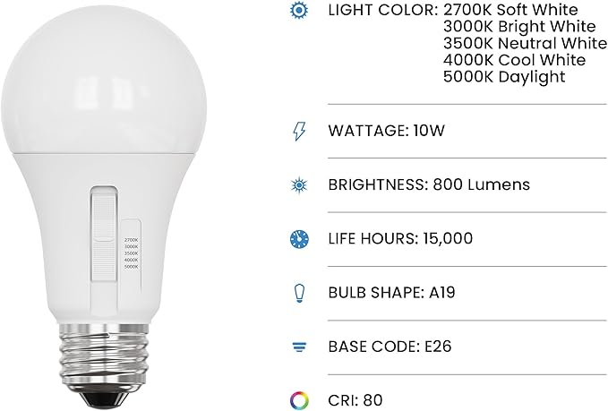 Feit Electric A19 LED Light Bulb, 60W Equiv, Non-Dimmable, Selectable Color Temperatures (2700K-5000K), 800 Lumens, General Purpose Light Bulbs, 17,000-Hour Lifetime, OM60/5CCT/15KLED/10, 10 Pack