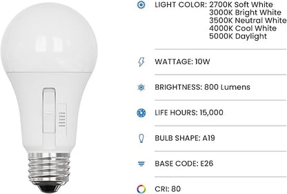 Feit Electric A19 LED Light Bulb, 60W Equiv, Non-Dimmable, Selectable Color Temperatures (2700K-5000K), 800 Lumens, General Purpose Light Bulbs, 17,000-Hour Lifetime, OM60/5CCT/15KLED/10, 10 Pack