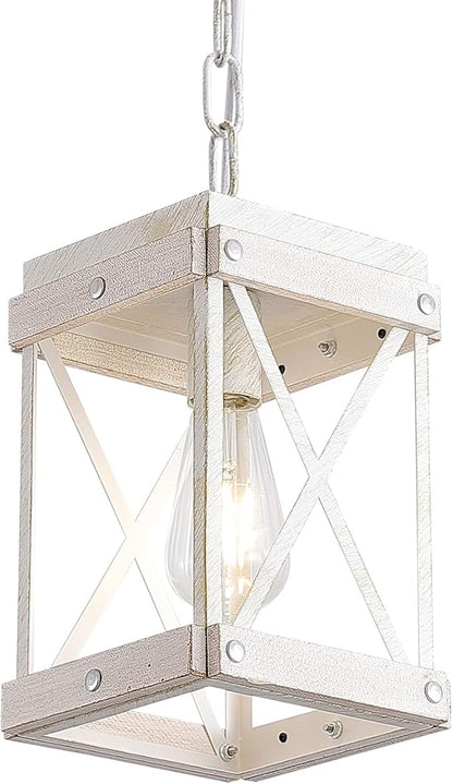 Fivess Lighting Modern Farmhouse Antique White Distressed Pendant Light with Wood and Metal Cage, One-Light Adjustable Chains Rustic Mini Pendant Lighting Fixture for Kitchen Island Cafe Bar