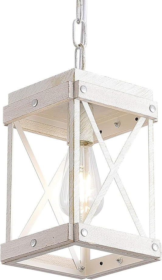 Fivess Lighting Modern Farmhouse Antique White Distressed Pendant Light with Wood and Metal Cage, One-Light Adjustable Chains Rustic Mini Pendant Lighting Fixture for Kitchen Island Cafe Bar