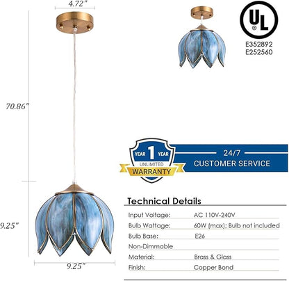 Brass Glass Ceiling Pendant Light, Hanging Chain lamp, with Vintage Lotus Flower Glass Shade for Kitchen Island Dining Room Bedroom Living Room-9.25" Stained Glass Shade