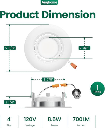 4 Inch Gimbal Led Recessed Lighting Retrofit,4 Retrofit Led Recessed Lighting,5 CCT 2700K-5000K Dimmable 8W 700LM,Compatible with TP24 Connector/E26 Bases,ETL & ES(1 Pack)