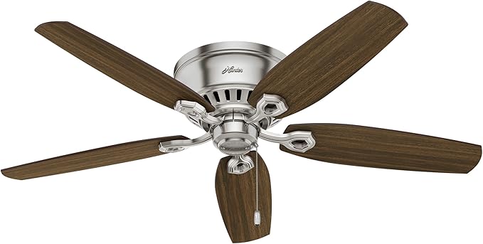 Hunter 52 inch Indoor Ceiling Fan with LED Lights - Ceiling Fan with Pull Chain, For Bedroom, Living Room, or Kitchen, Low Profile Flush Mount, No Remote, 5 Blades - Builder 53328, Brushed Nickel