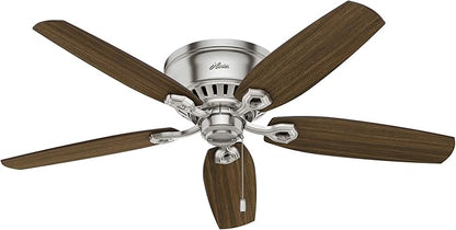 Hunter 52 inch Indoor Ceiling Fan with LED Lights - Ceiling Fan with Pull Chain, For Bedroom, Living Room, or Kitchen, Low Profile Flush Mount, No Remote, 5 Blades - Builder 53328, Brushed Nickel