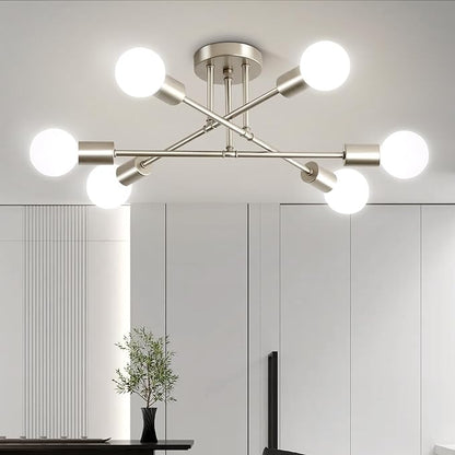 Nickle Modern Sputnik Chandelier Ceiling Light Fixture,6-Light Dining Room Light Fixture,Industrial Metal Kitchen Lighting Fixtures Ceiling,Angle Adjustable Semi Flush Mount Ceiling Light for Bedroom