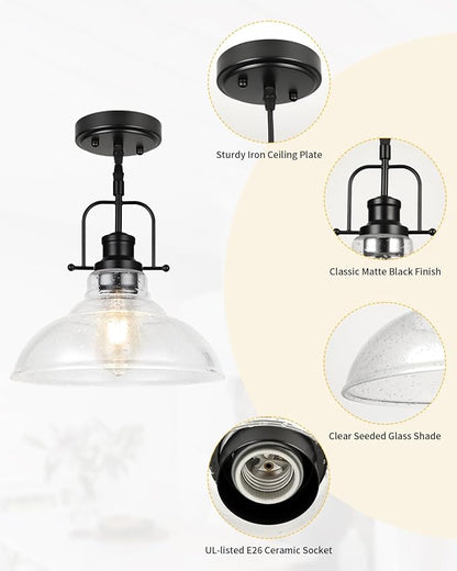 WILON Seeded Glass Pendant Lights Kitchen Island Lighting, Black Modern Farmhouse Pendant Light Fixture with E26 Base, Vintage Hanging Ceiling Lamp for Kitchen Sink Hallway Dining Room Entry Hall