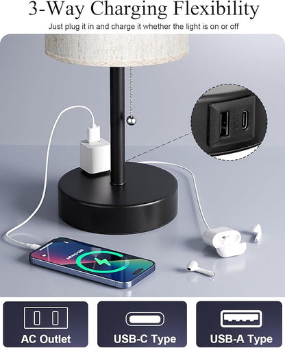 Fenmzee Plus Bedside Table Lamps Set of 2-3 Color Temperatures Pull Chain Lamp with AC Outlet Charging Port, Round Night Stand Lamps for Bedroom Guest Room Office, Bed Side Light with E26 LED Bulbs