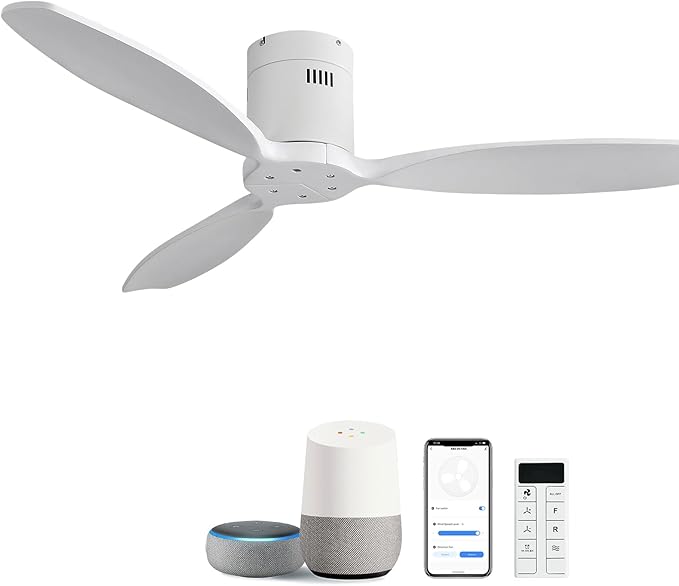 Sofucor 52 Inch Smart Ceiling Fan Without Light Flush Mount Solid Wood Ceiling Fan with Alexa/Google/APP/Remote Control-Modern Outdoor Ceiling Fans No Light for Bedroom/Patio/Indoor, White