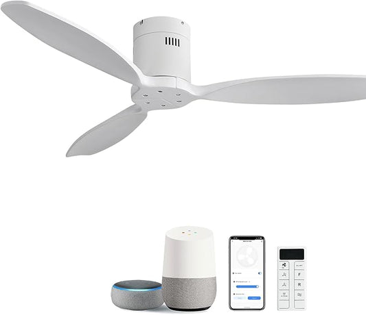 Sofucor 52 Inch Smart Ceiling Fan Without Light Flush Mount Solid Wood Ceiling Fan with Alexa/Google/APP/Remote Control-Modern Outdoor Ceiling Fans No Light for Bedroom/Patio/Indoor, White