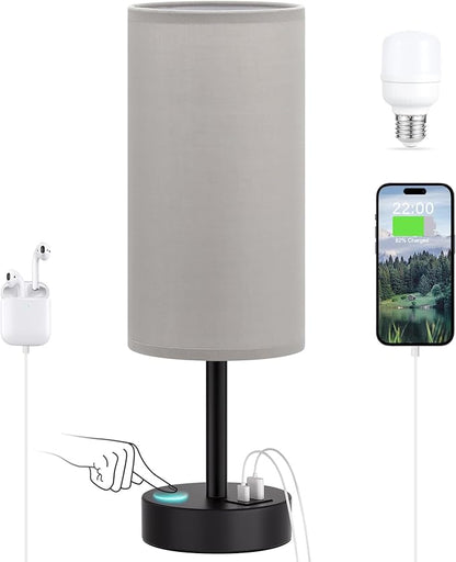 Dicoool Grey Touch Bedside Lamp with USB - 3 Way Dimmable Table Lamp for Bedroom, Nightstand Lamp with Black Charging Station for Desk Dorm, Office, Boy Kids Room, Small