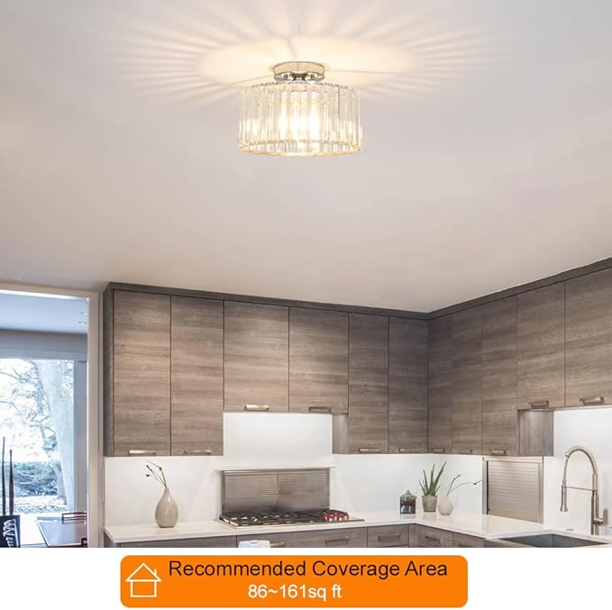 Crystal Ceiling Light Fixture, Chrome Close To Ceiling Light Fixtures, Modern Semi Flush Mount Ceiling Light, Hallway Lighting Fixture Chandelier for Bathroom Bedroom Porch Kitchen Living Room, 11in