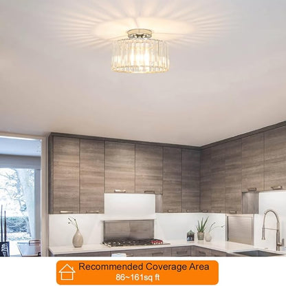Crystal Ceiling Light Fixture, Chrome Close To Ceiling Light Fixtures, Modern Semi Flush Mount Ceiling Light, Hallway Lighting Fixture Chandelier for Bathroom Bedroom Porch Kitchen Living Room, 11in