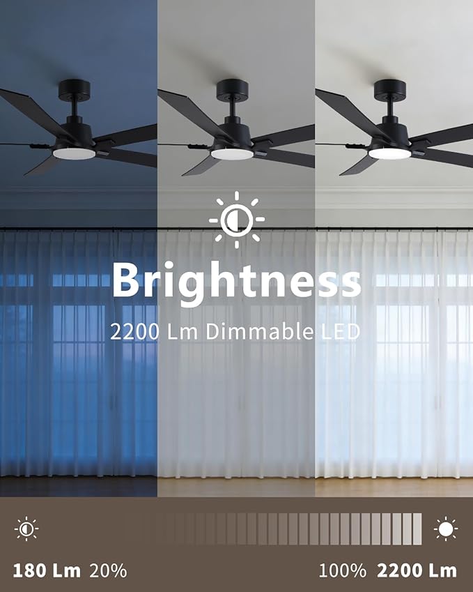 60 Inch Ceiling Fans with Lights and Remote, Black Ceiling Fan, Downrod Style with 5 Blades, Modern Design For Indoor Bedroom Living Room/Outdoor, 6 Speed Reversible DC Motor, 3CCT Dimmable LED