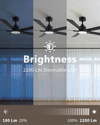 60 Inch Ceiling Fans with Lights and Remote, Black Ceiling Fan, Downrod Style with 5 Blades, Modern Design For Indoor Bedroom Living Room/Outdoor, 6 Speed Reversible DC Motor, 3CCT Dimmable LED