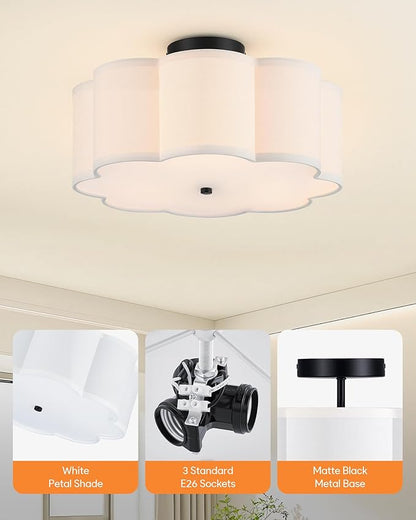 VONLUCE Semi-Flush Mount Ceiling Light, 15.7" Modern 3-Light Ceiling Light Fixture with White Petal-Shaped Shade 3 E26 Sockets for Bedroom Entryway Living Room, Black Finish, ETL Certificated