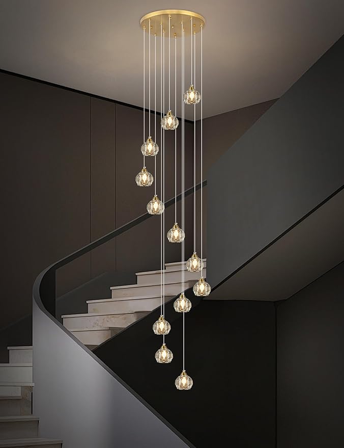 Weesalife Crystal Chandeliers for Staircases, 12-Light Gold Modern Chandeliers for High Ceilings，Crystal Pendant Light Fixture for Living Room Kitchen Island Foyer Hallway Bar
