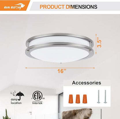 16IN Double Ring Flush Mount Ceiling Lights, 24W, 1900LM,with 5CCT 2700K-5000K Adjustable, Dimmable LED Ceiling Light Fixtures for Hallway, Bedroom, Kitchen, ETL Listed - 1PK