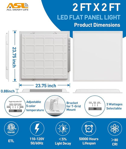 Allsmartlife 2x2 LED Flat Panel Lights for Drop Ceiling 10-Pack, 40W/4998LM Triac Dimmable, 5CCT 3000K-3800K-4500K-5000K-6000K, IP42, 2Ftx2Ft Back-Lit Recessed Troffer Light Fixtures, ETL