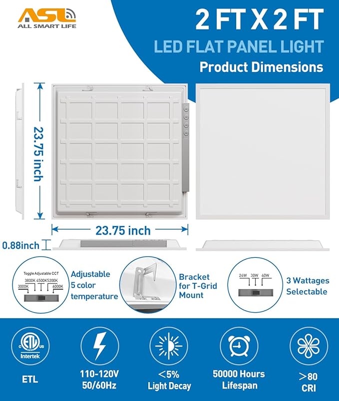 Allsmartlife 2x2 LED Flat Panel Lights for Drop Ceiling 8-Pack, 40W/4998LM Triac Dimmable, 5CCT 3000K-3800K-4500K-5000K-6000K, IP42, 2Ftx2Ft Back-Lit Recessed Troffer Light Fixtures, ETL