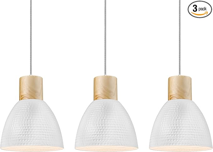 ELYONA 3 Pack White Hammered Pendant Lights for Kitchen Island 7” Small Nordic Solid Wood Hanging Light Fixtures, Modern Metal Pendant Light Fixtures for Bar, Dining Room, Bedroom, Hallway, Office